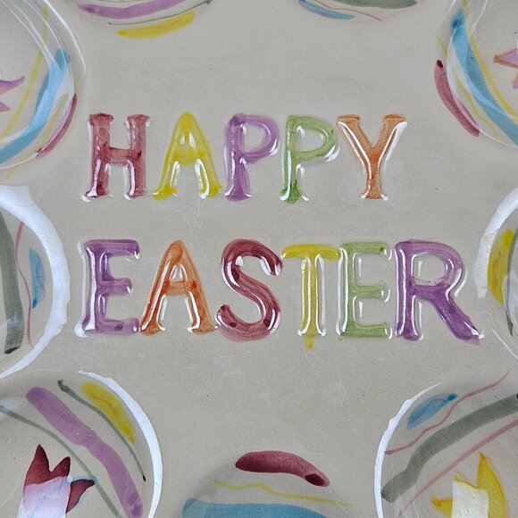 Ceramic Egg Plate With "Happy Easter" Text & Floral Design - 8 Egg Slots Deviled - Picture 4 of 5